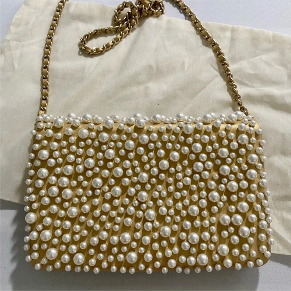 Authentic Rare Chanel Gold Pearl-Studded Flap Hand Bag